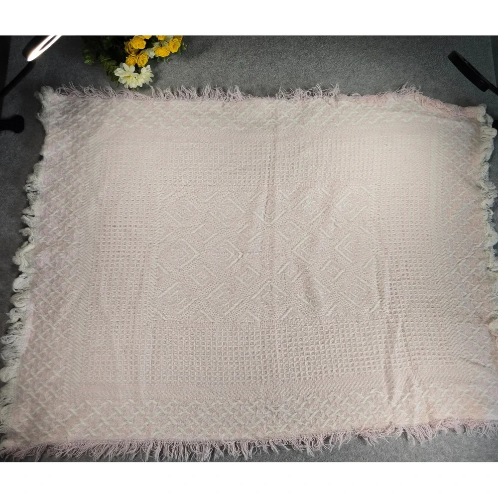 Vintage Woven Geometric Fringe Throw Baby Blanket Soft Pink Boho Textured 42x32